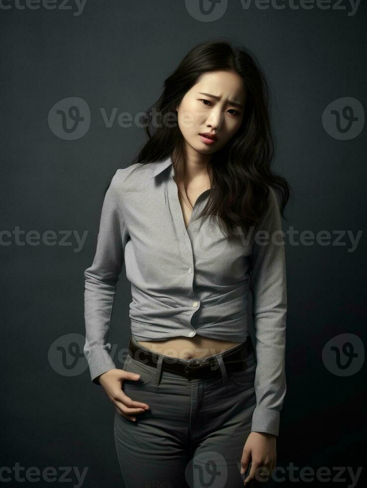 Asian woman appears to be in pain on grey background AI Generative photo
