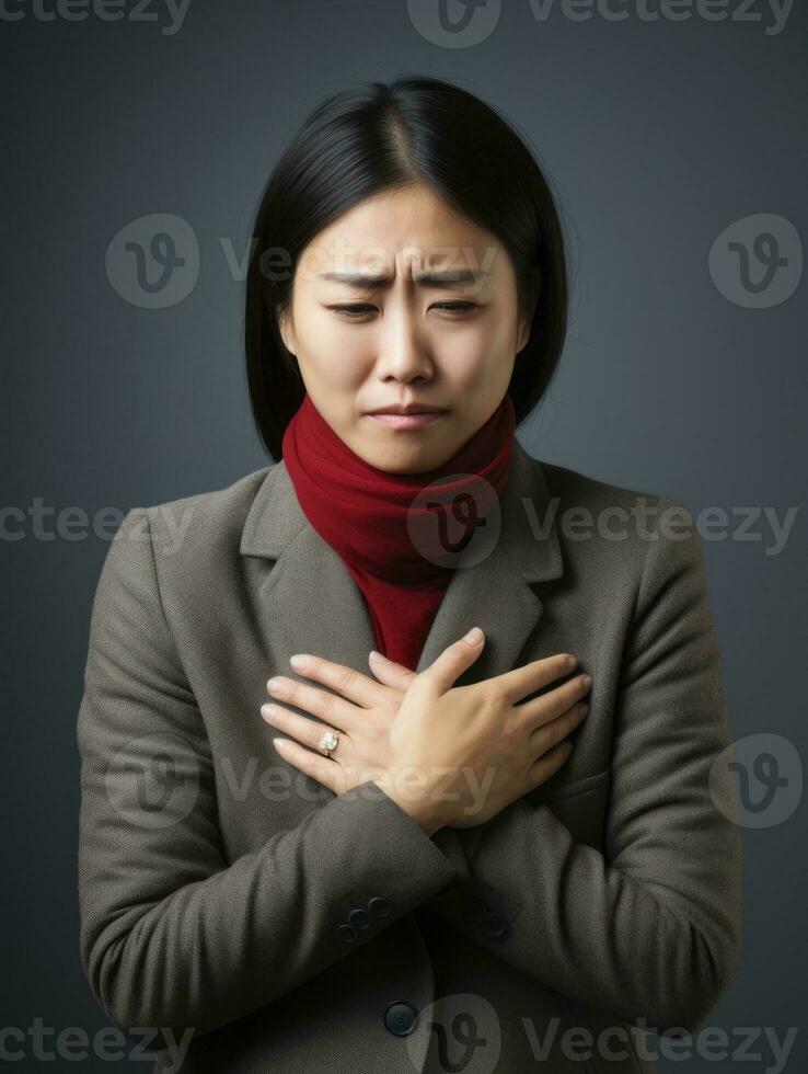 Asian woman appears to be in pain on grey background AI Generative photo