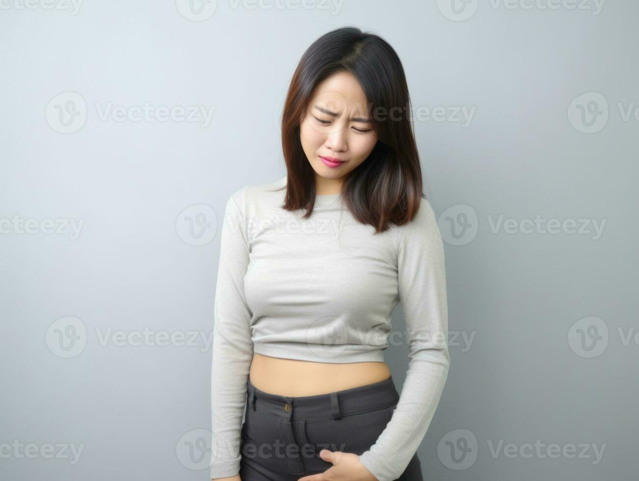 Asian woman appears to be in pain on grey background AI Generative photo