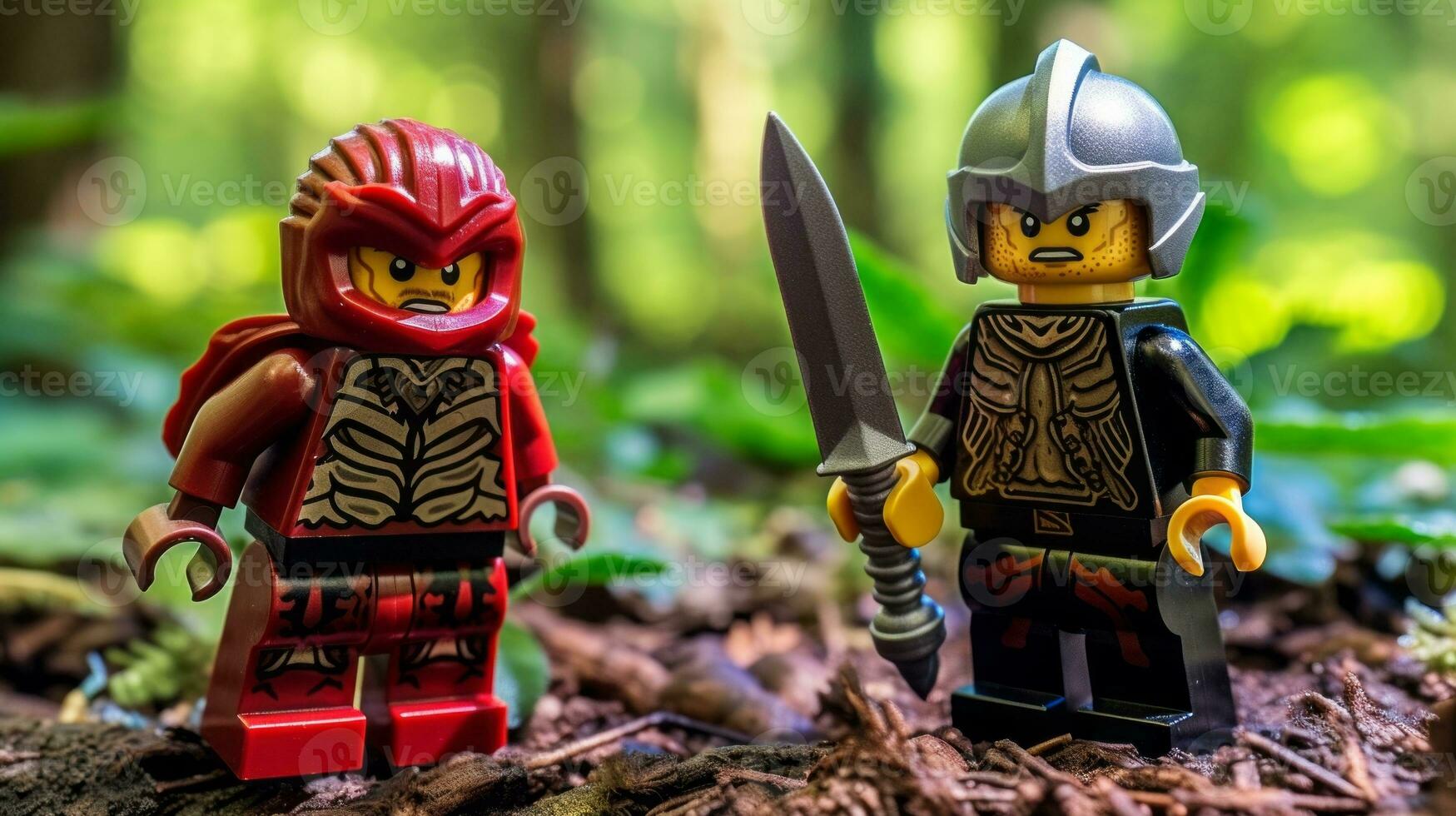 Lego warriors battling in a fierce epic duel AI Generative photo