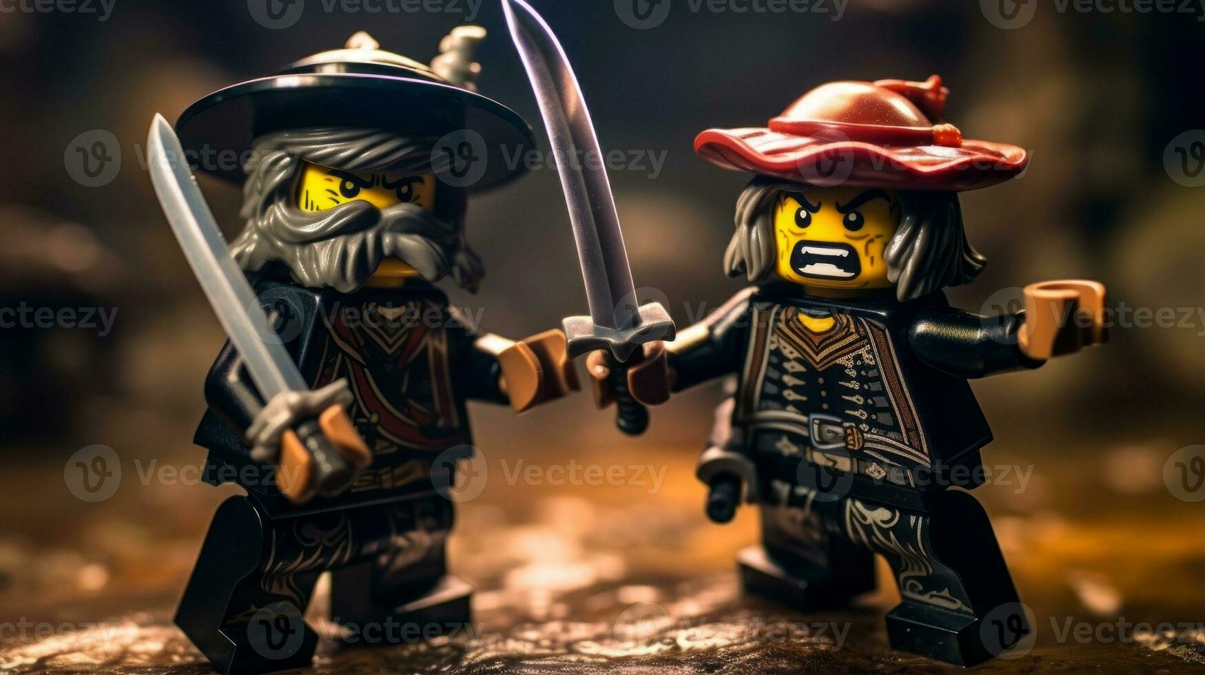 Lego warriors battling in a fierce epic duel AI Generative photo