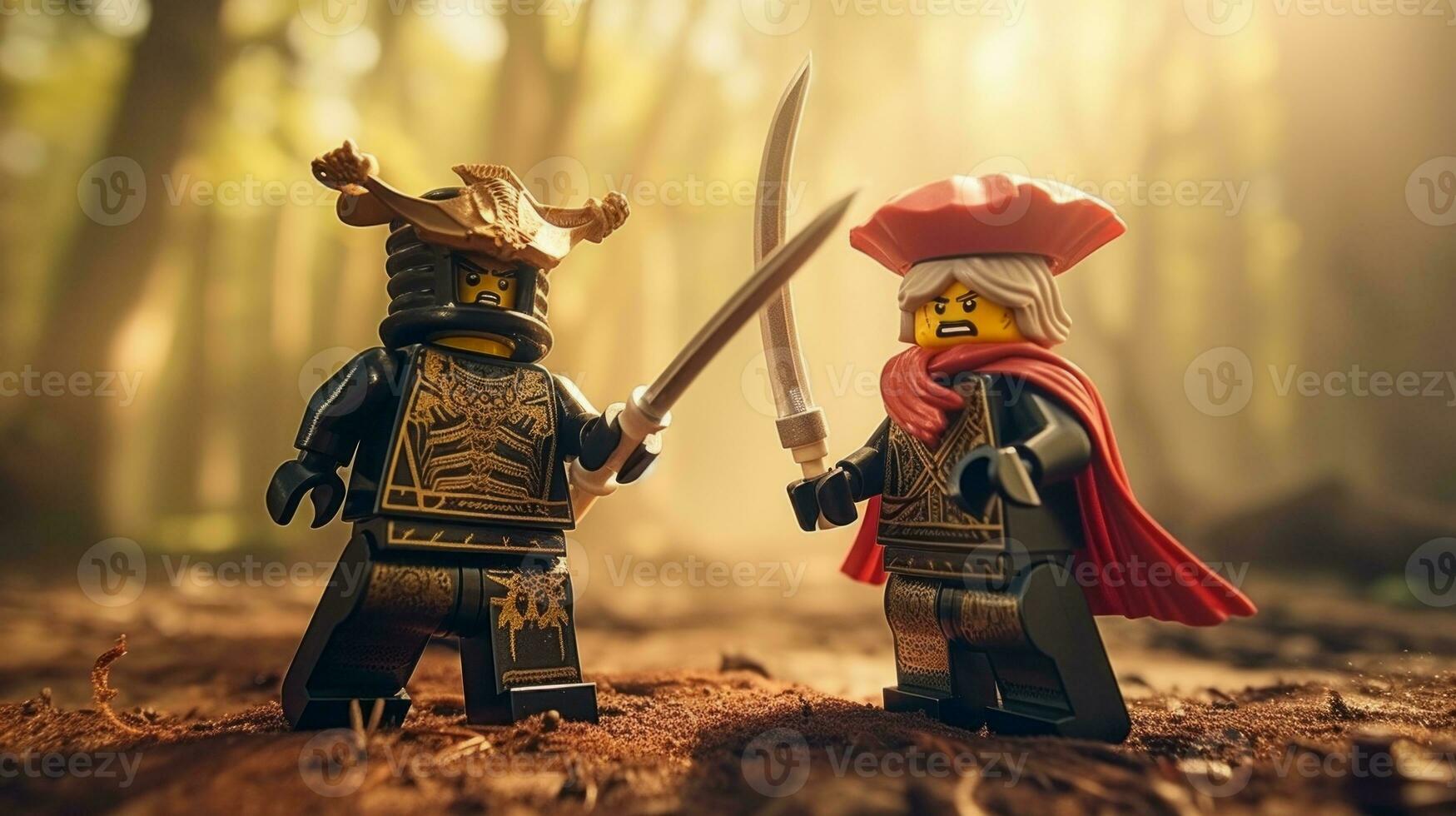 Lego warriors battling in a fierce epic duel AI Generative photo