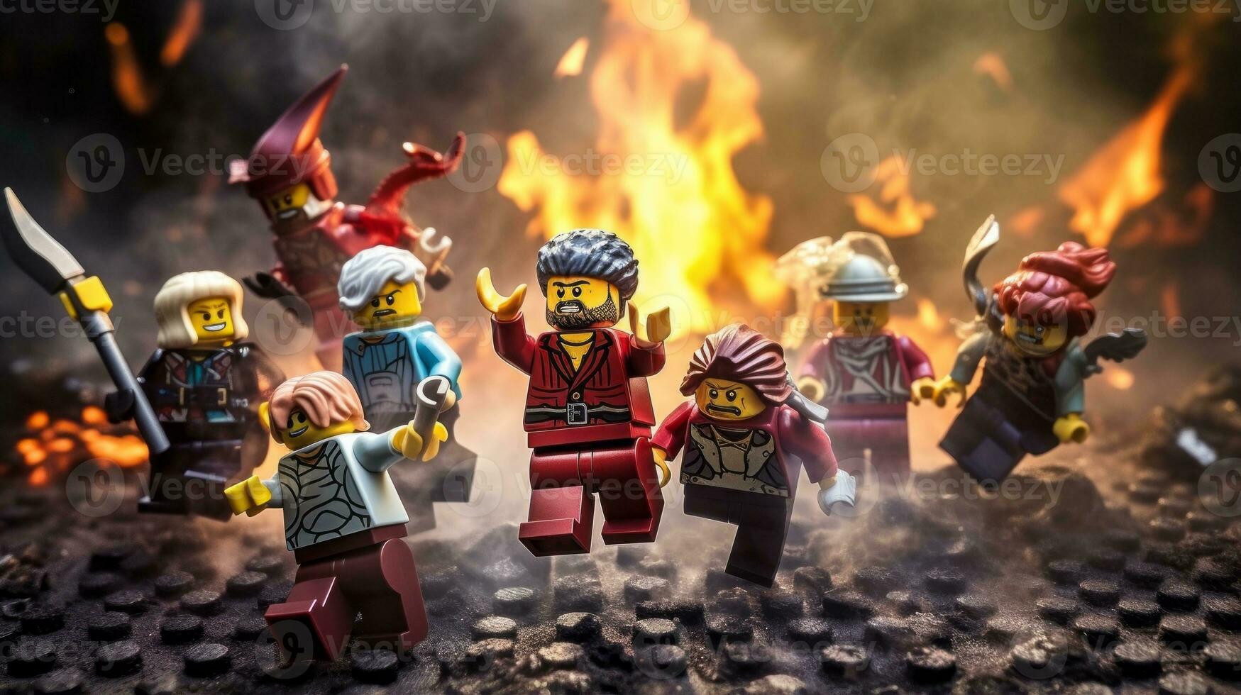 Lego warriors battling in a fierce epic duel AI Generative photo