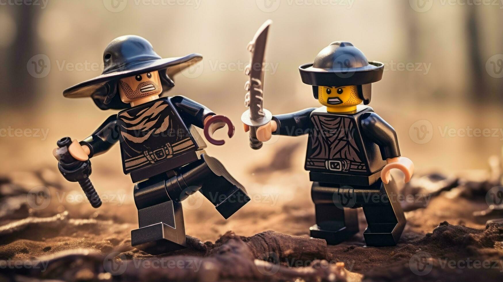 Lego warriors battling in a fierce epic duel AI Generative photo