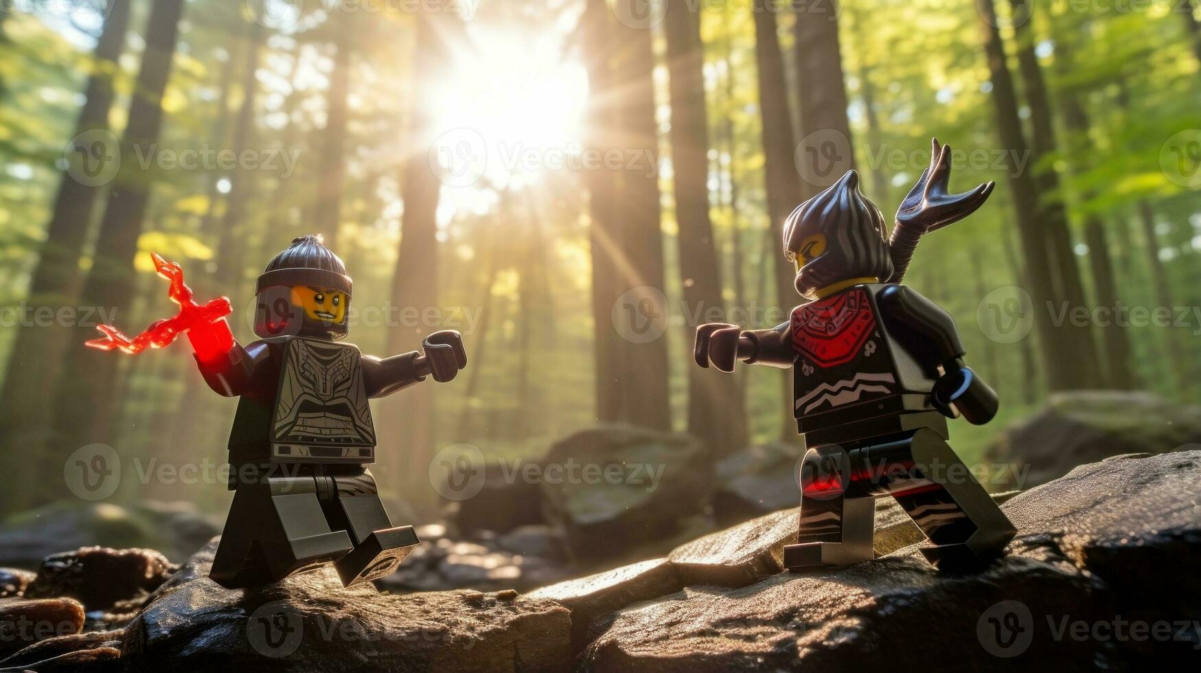 Lego warriors battling in a fierce epic duel AI Generative photo