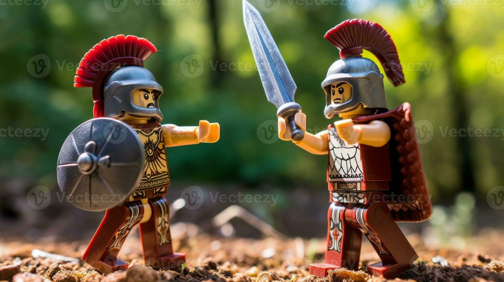 Lego warriors battling in a fierce epic duel AI Generative photo