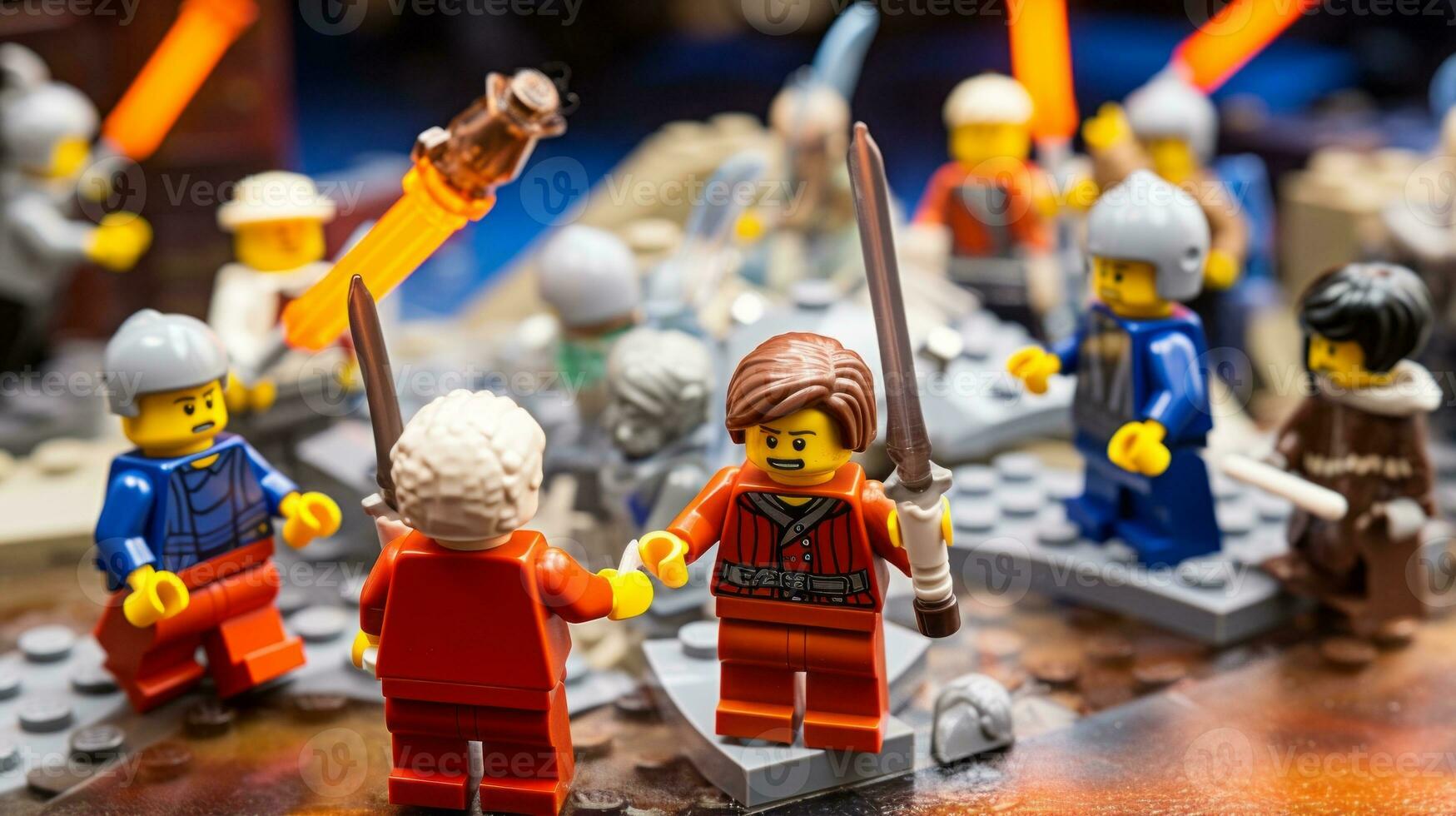 Lego warriors battling in a fierce epic duel AI Generative photo