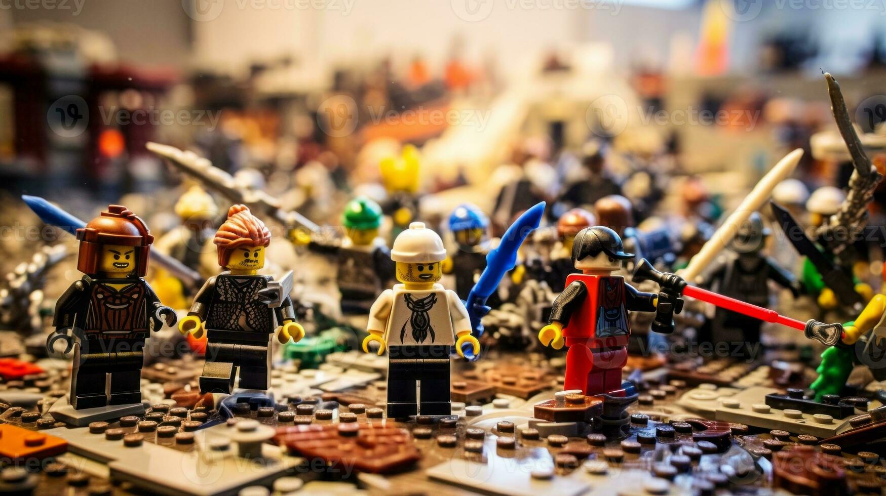 Lego warriors battling in a fierce epic duel AI Generative photo