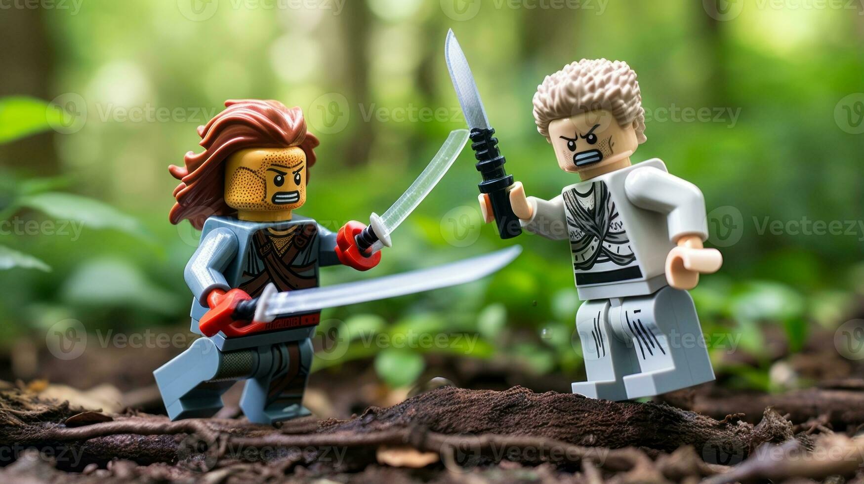 Lego warriors battling in a fierce epic duel AI Generative photo