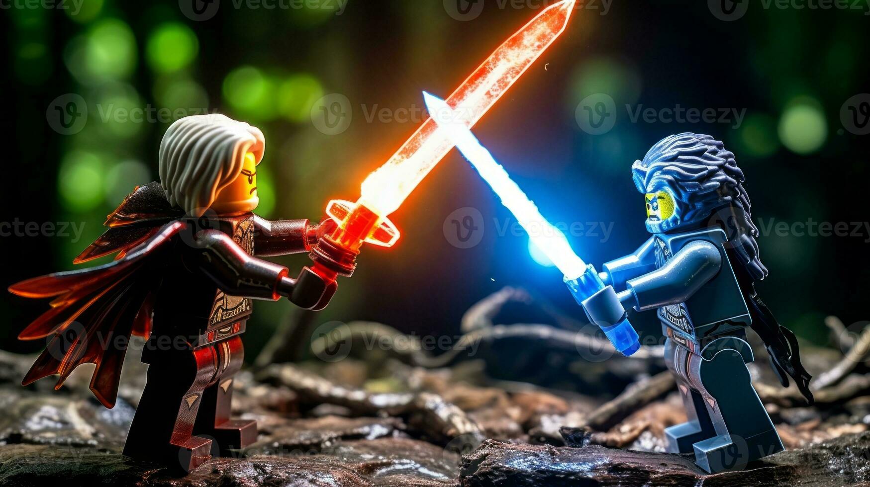 Lego warriors battling in a fierce epic duel AI Generative photo