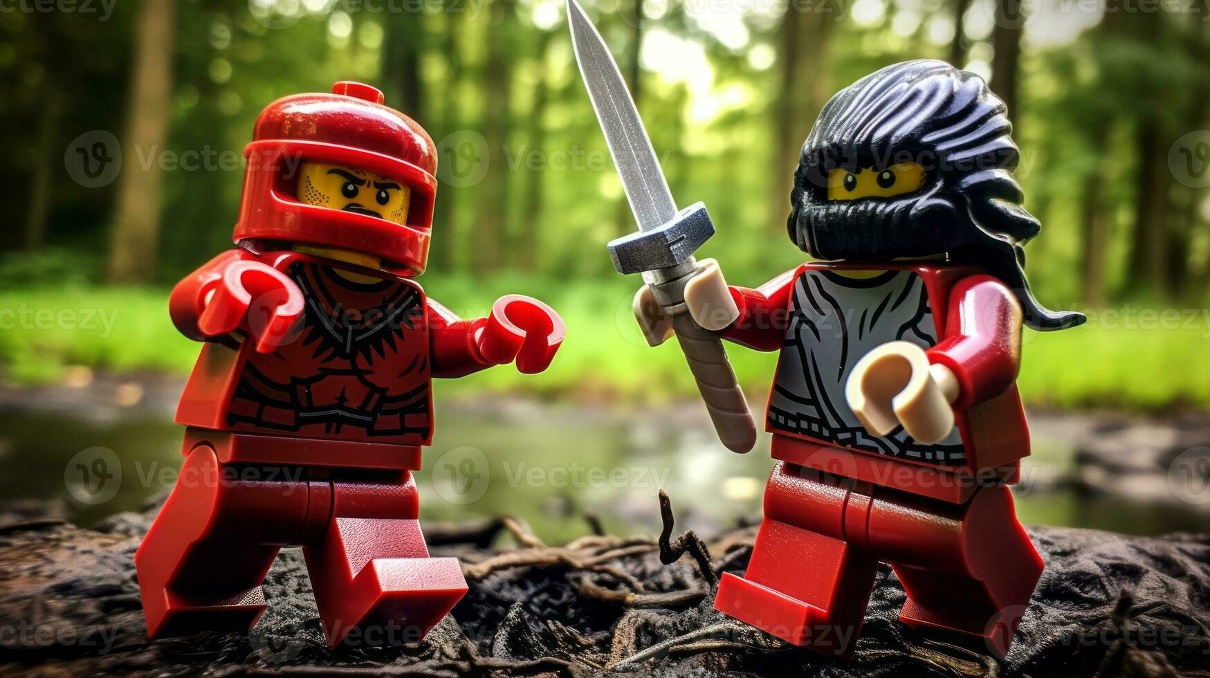 Lego warriors battling in a fierce epic duel AI Generative photo