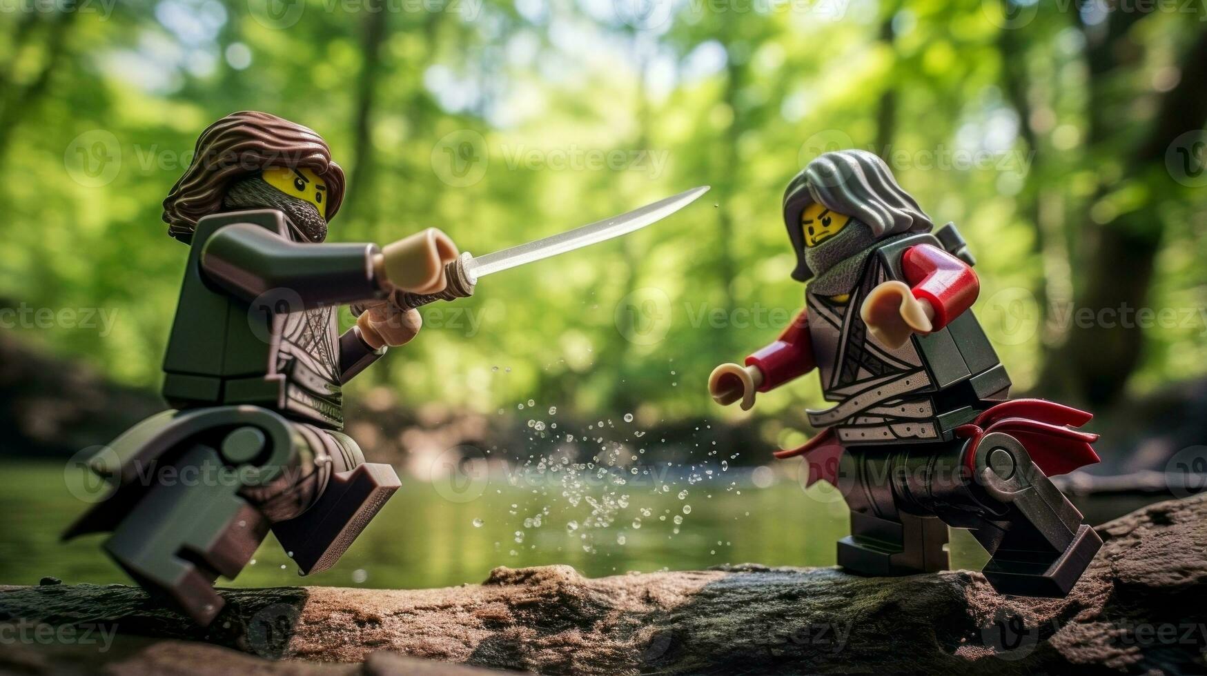 Lego warriors battling in a fierce epic duel AI Generative photo