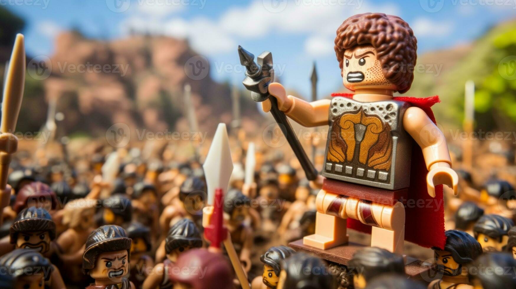 Lego warriors battling in a fierce epic duel AI Generative photo