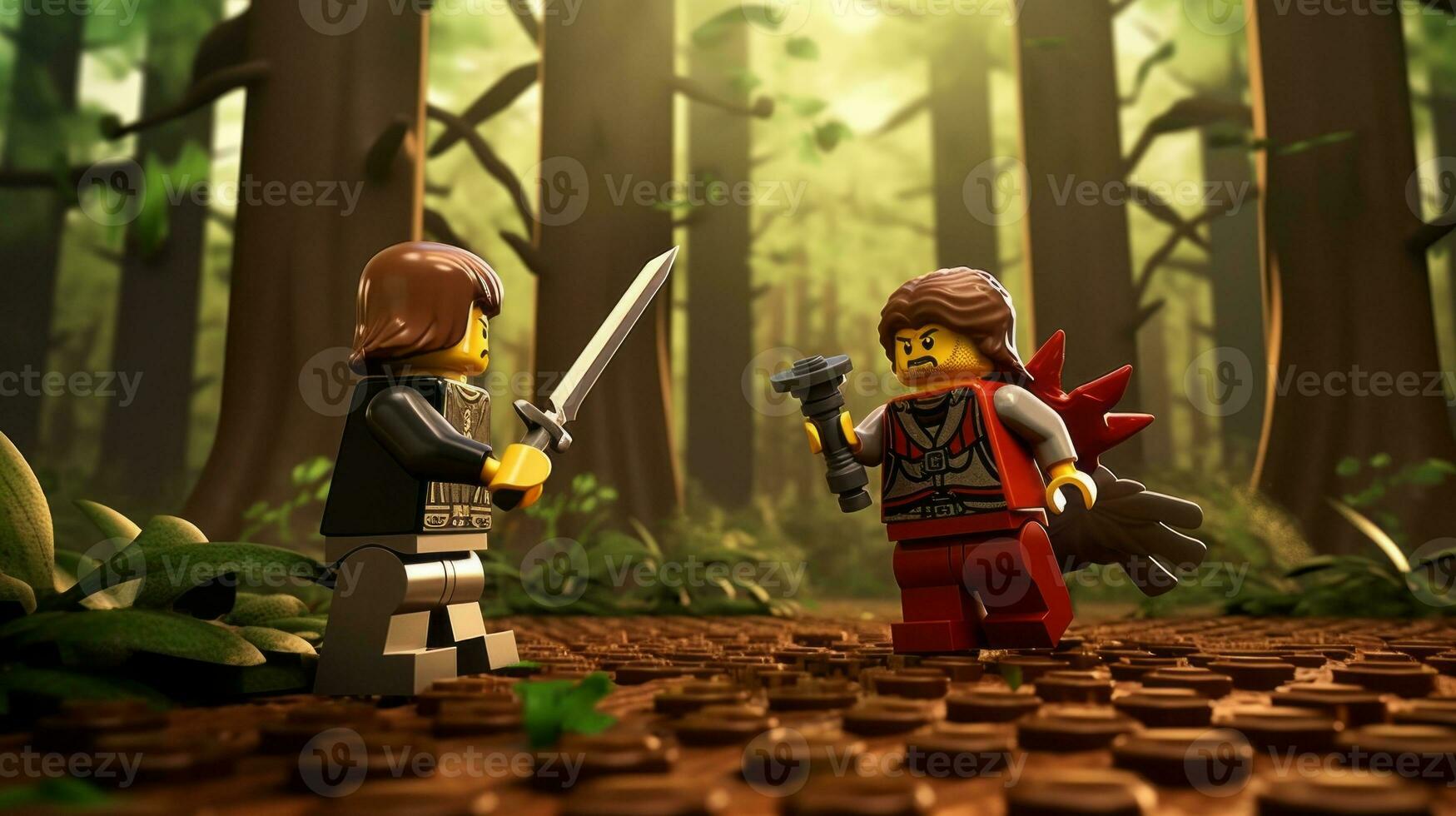 Lego warriors battling in a fierce epic duel AI Generative photo