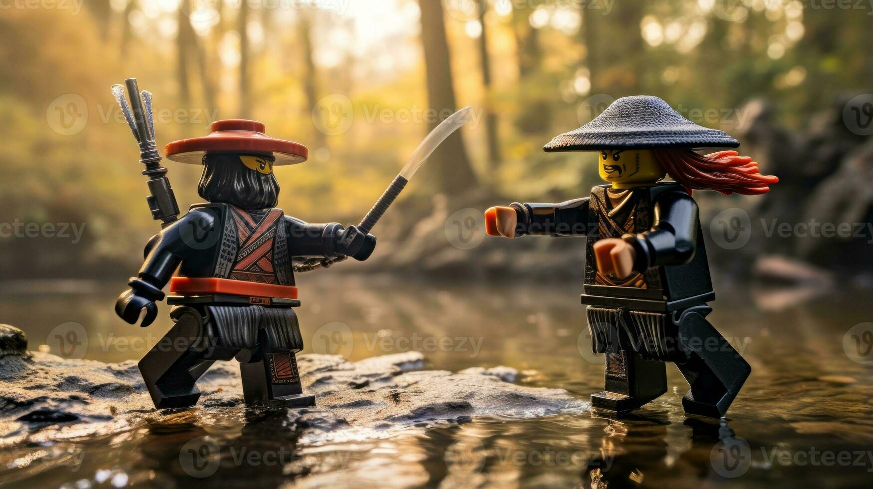 Lego warriors battling in a fierce epic duel AI Generative photo