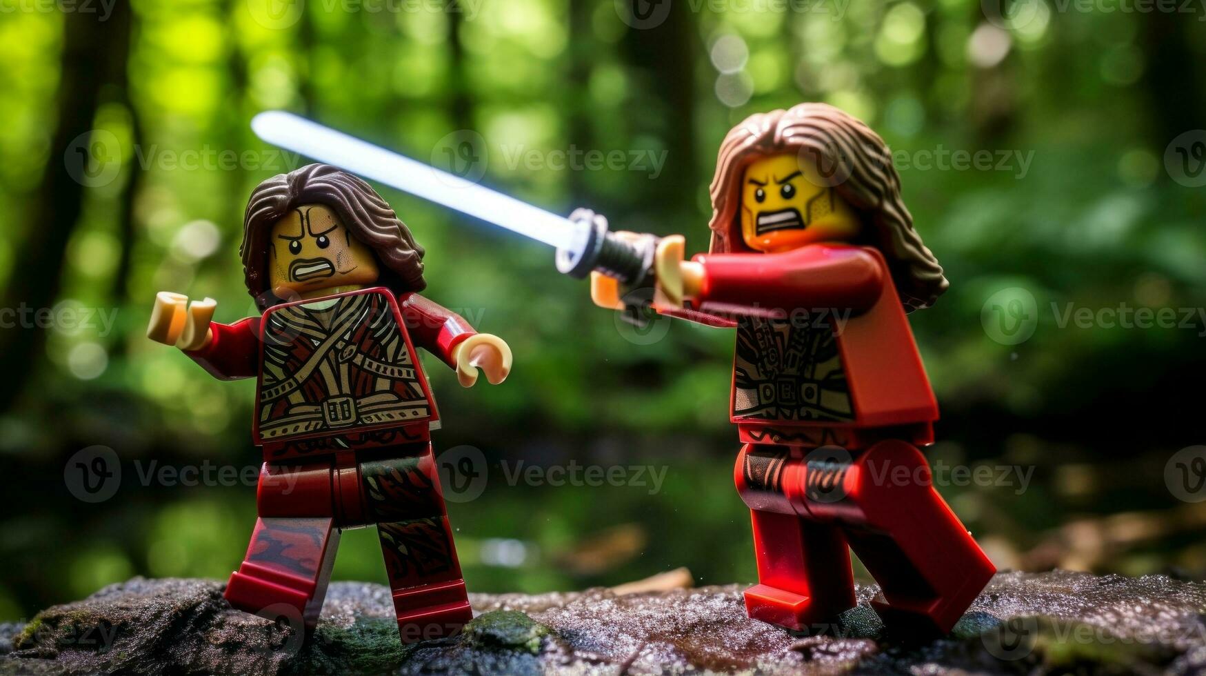 Lego warriors battling in a fierce epic duel AI Generative photo