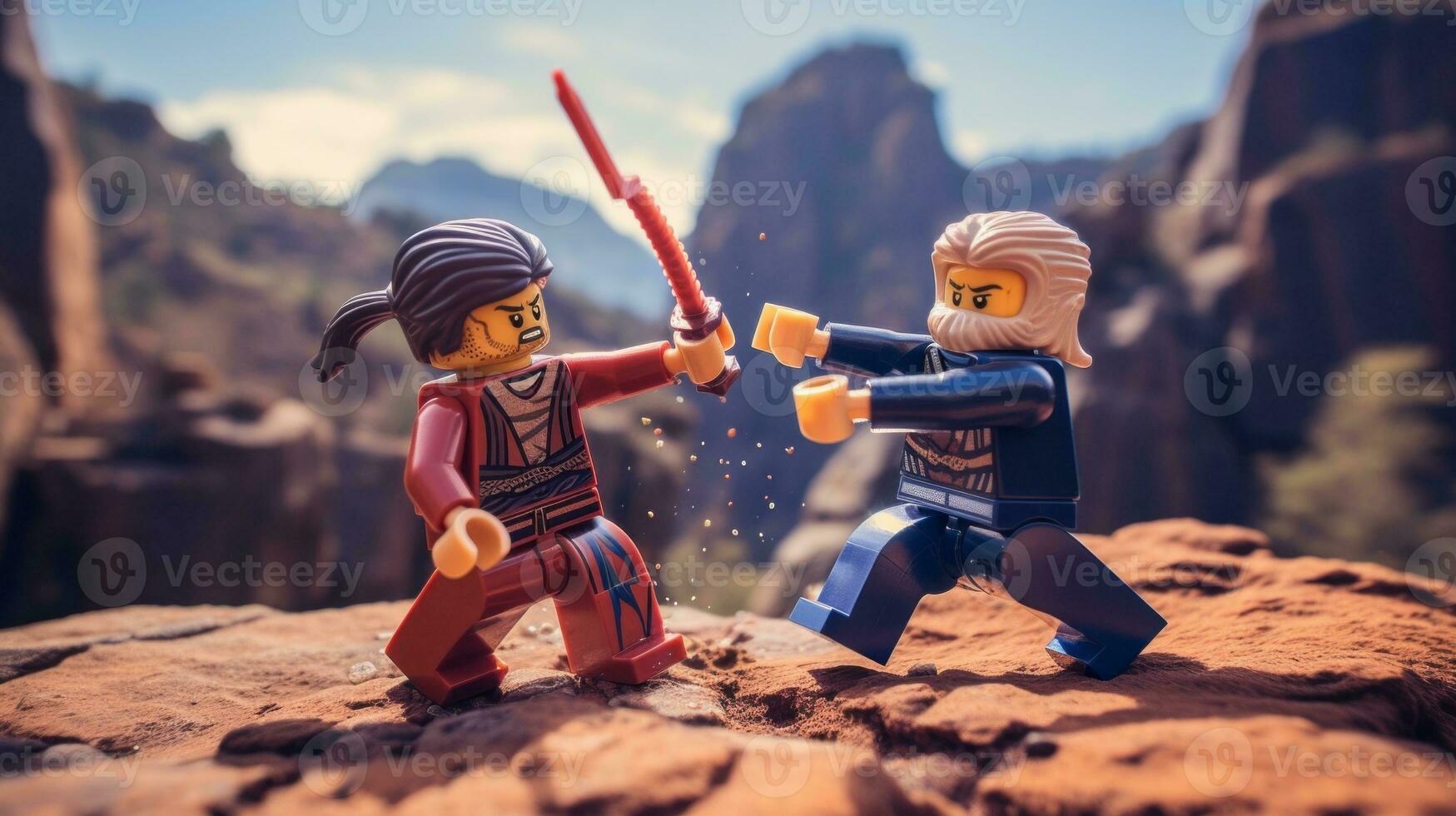 Lego warriors battling in a fierce epic duel AI Generative photo