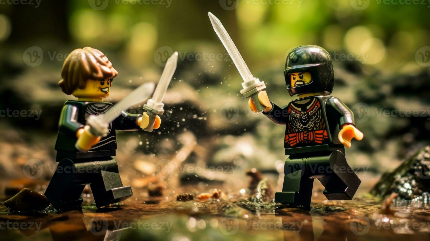 Lego warriors battling in a fierce epic duel AI Generative photo