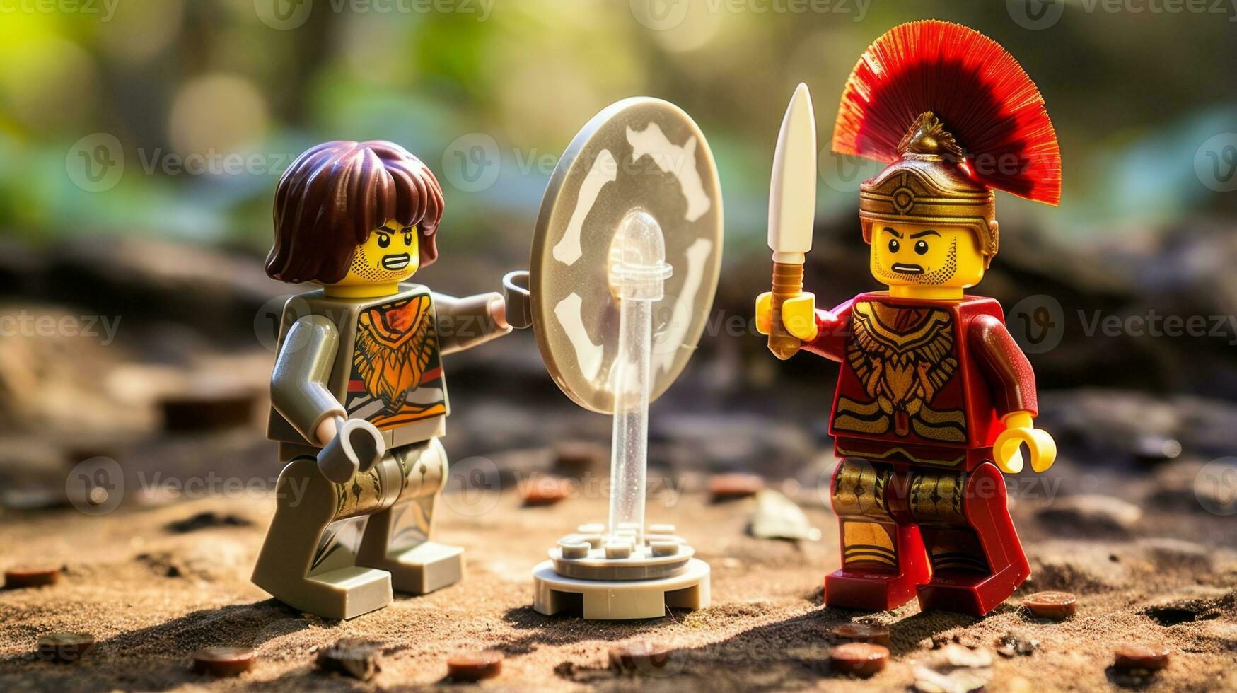 Lego warriors battling in a fierce epic duel AI Generative photo