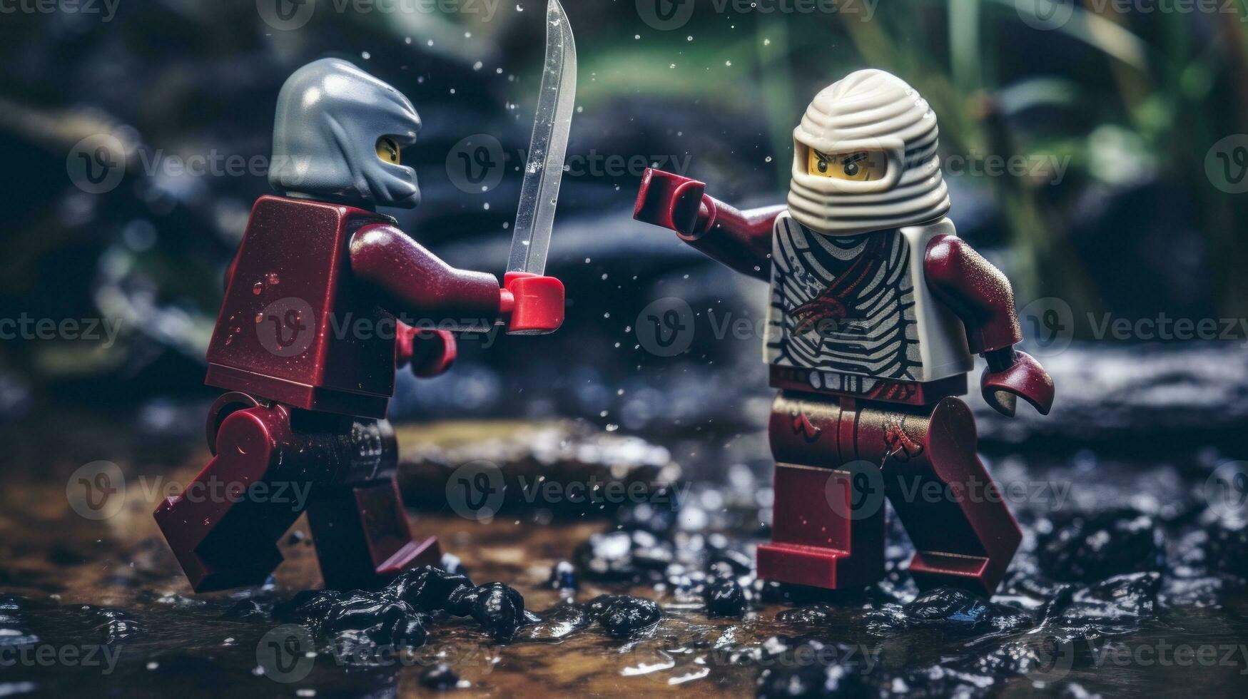 Lego warriors battling in a fierce epic duel AI Generative photo