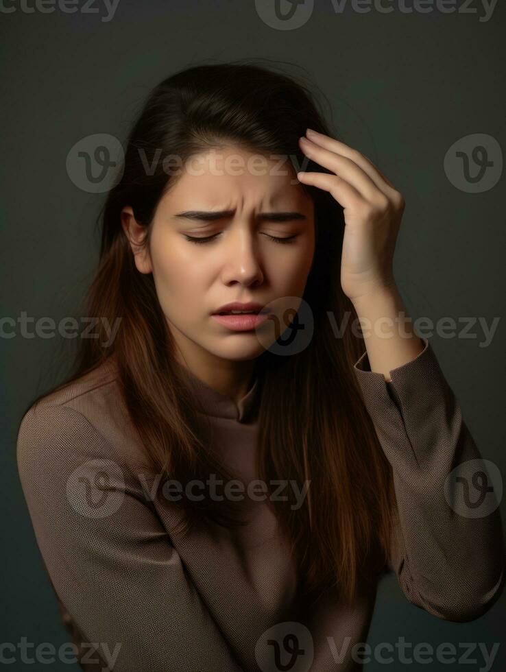 Mexican woman appears to be in pain from headache AI Generative photo