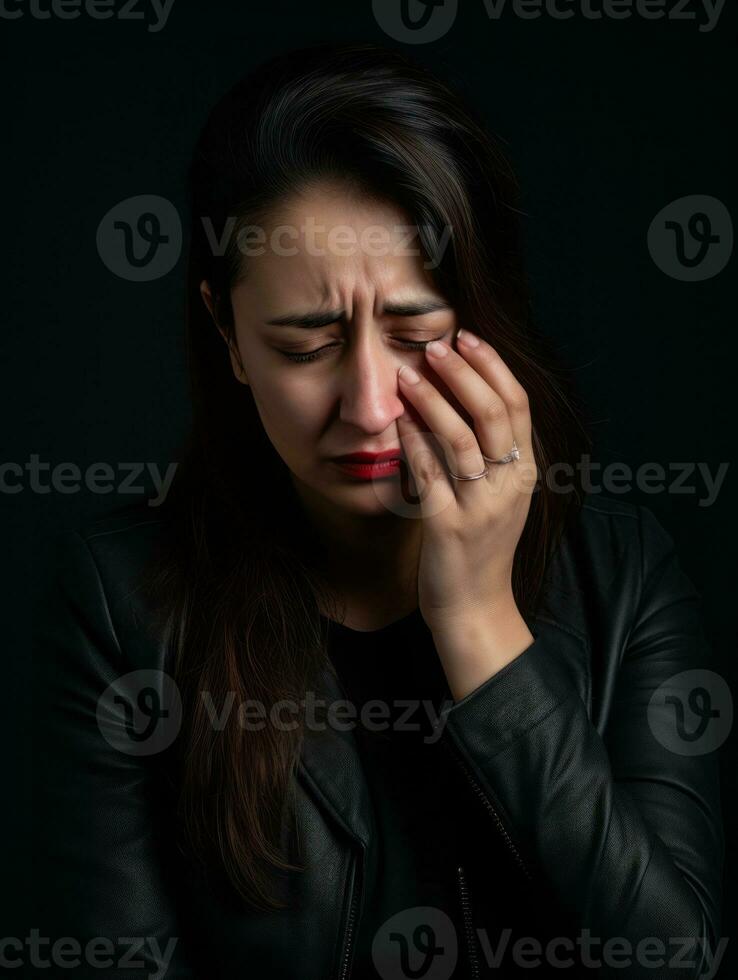 Mexican woman appears to be in pain from headache AI Generative photo