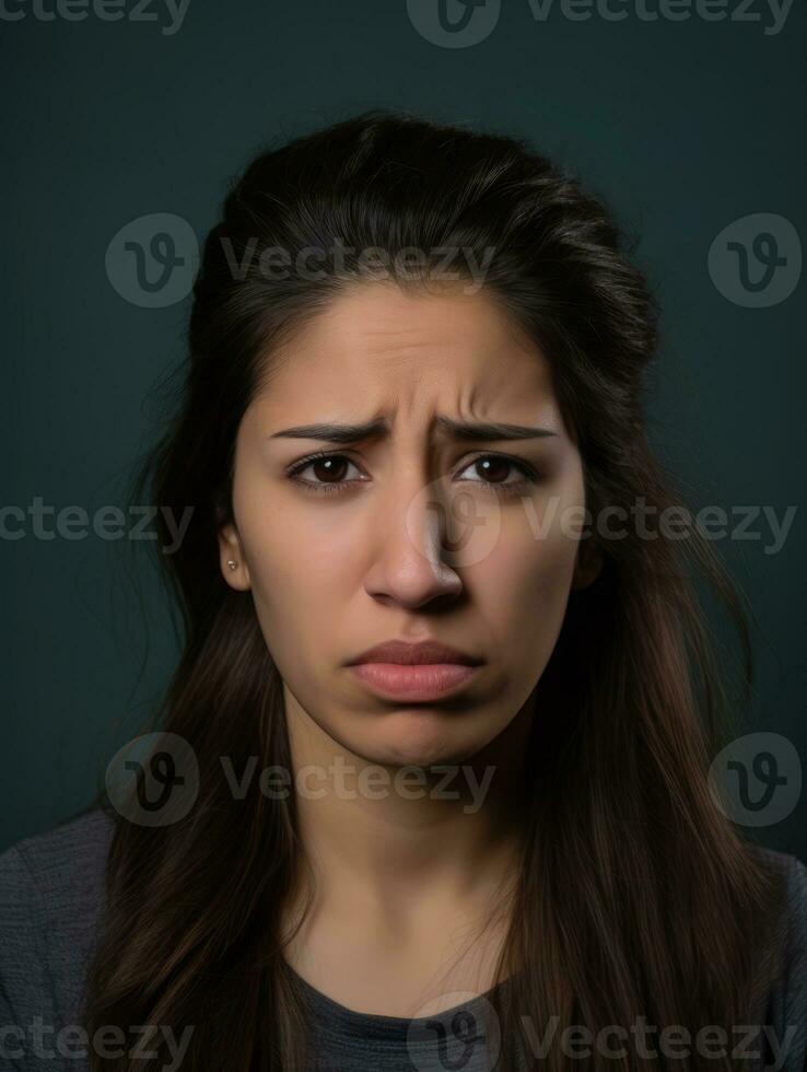 Mexican woman appears to be in pain from headache AI Generative photo