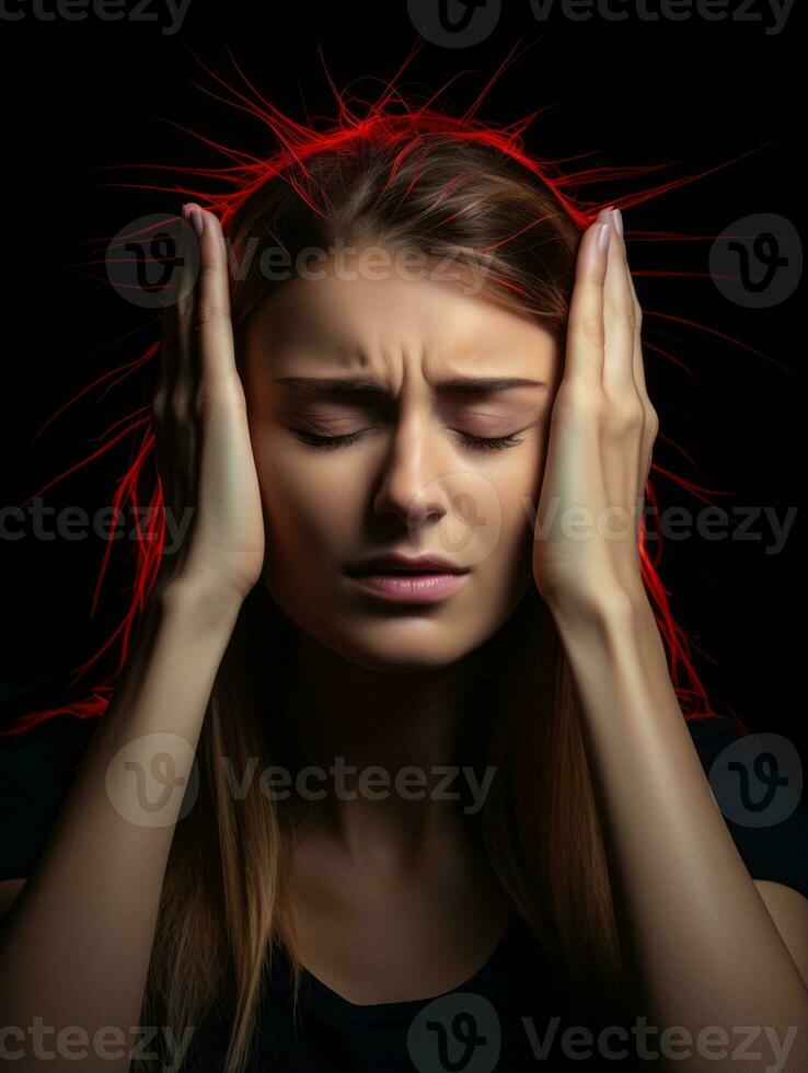 Woman appears to be in pain from headache AI Generative photo