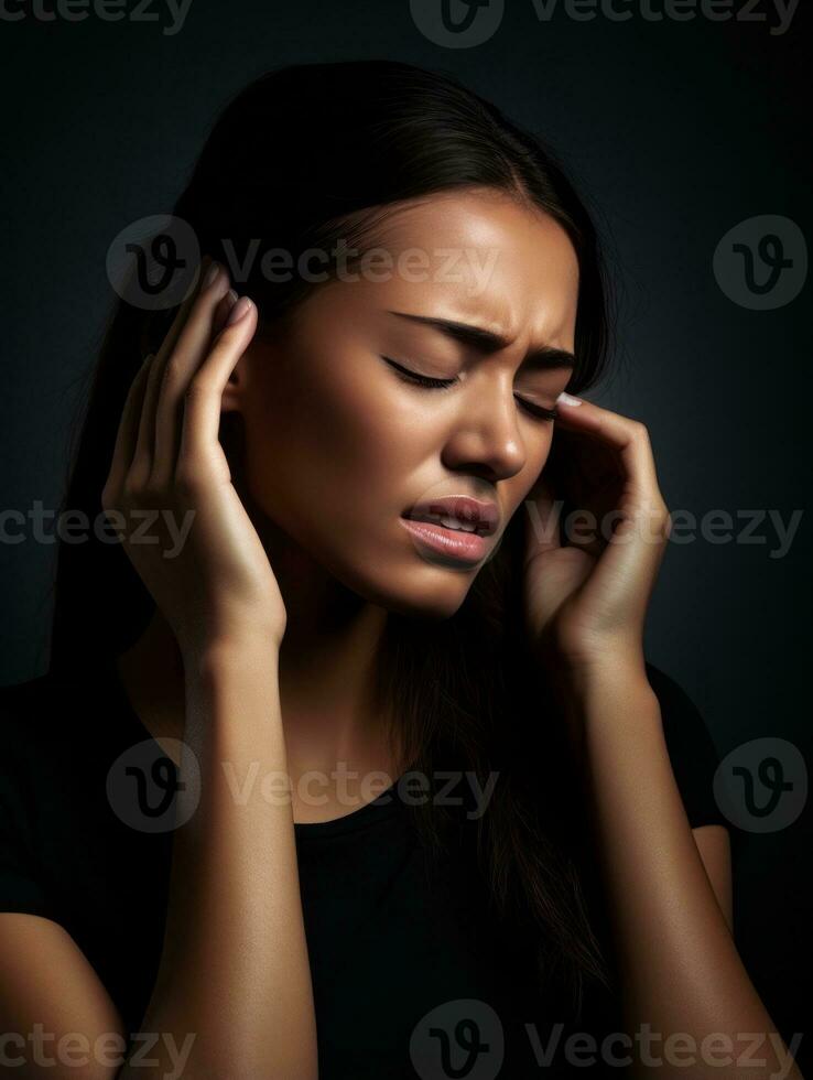 Woman appears to be in pain from headache AI Generative photo