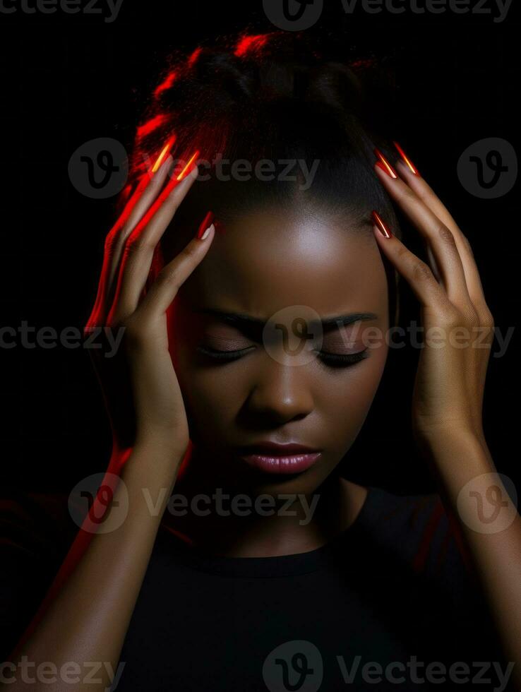 Woman appears to be in pain from headache AI Generative photo