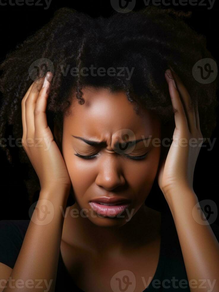 Woman appears to be in pain from headache AI Generative photo