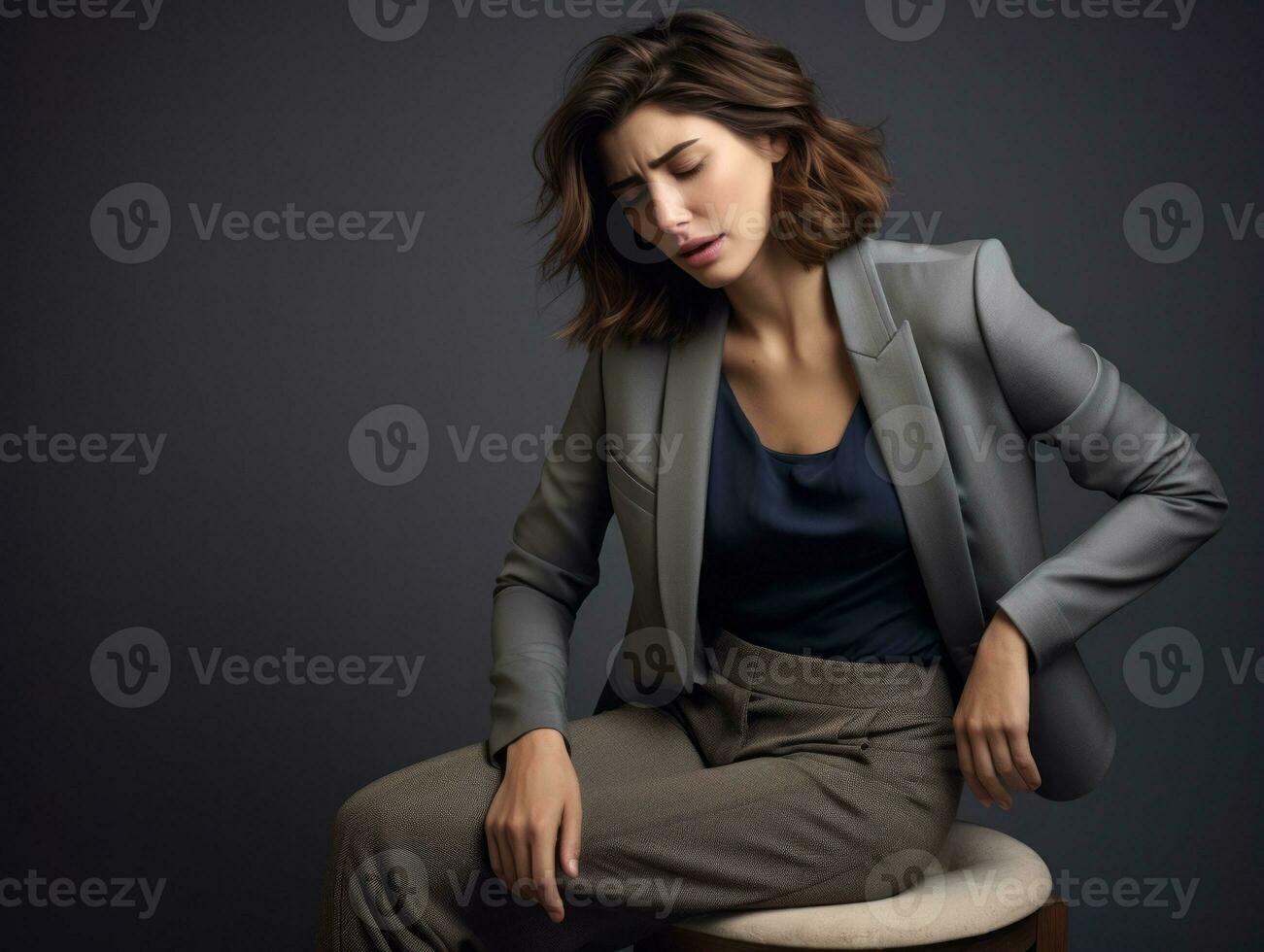 Woman appears to be in pain on grey background AI Generative photo