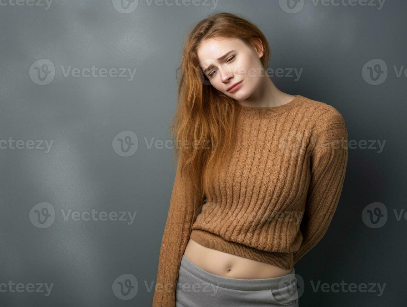 Woman appears to be in pain on grey background AI Generative photo