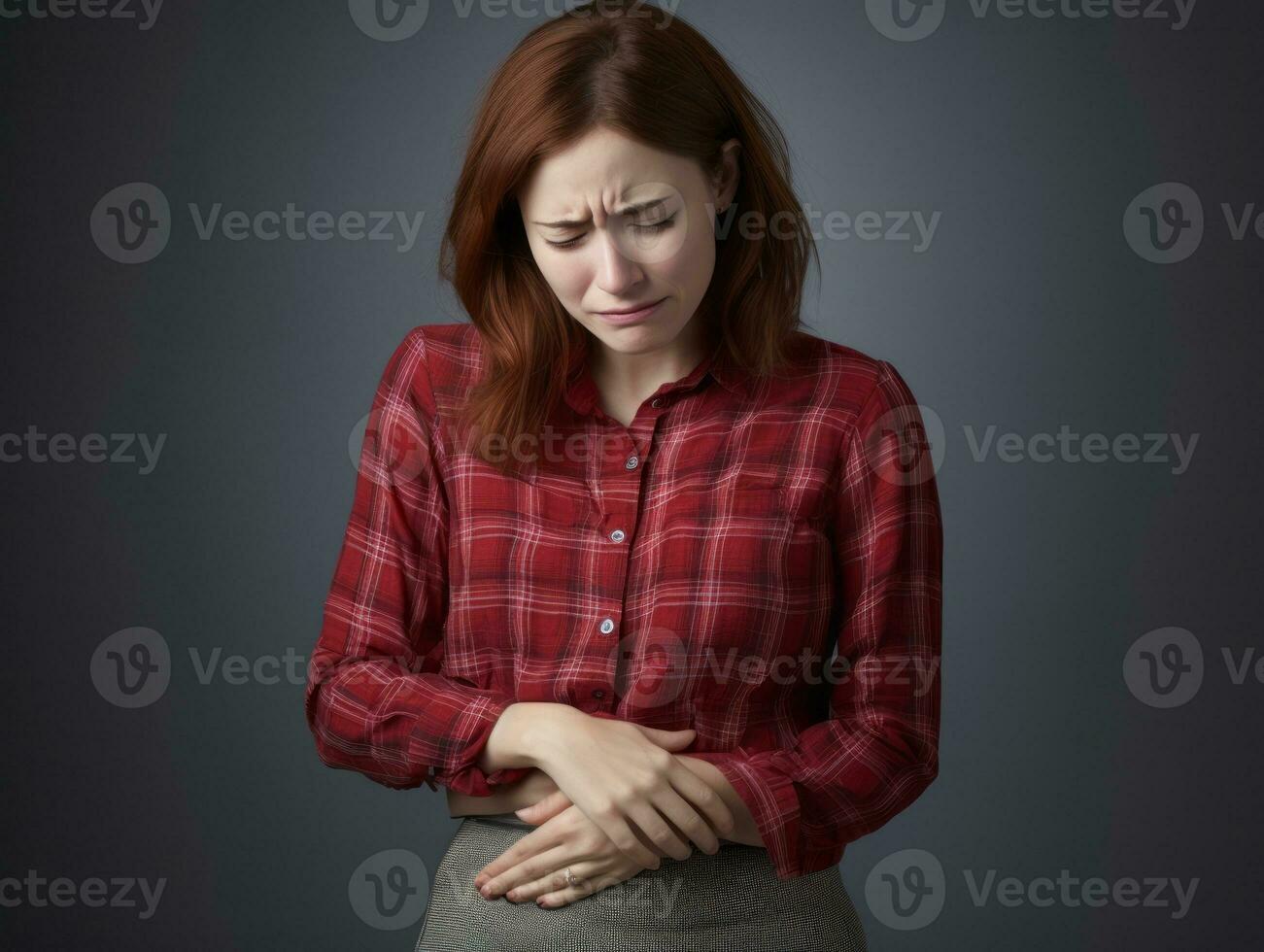 Woman appears to be in pain on grey background AI Generative photo