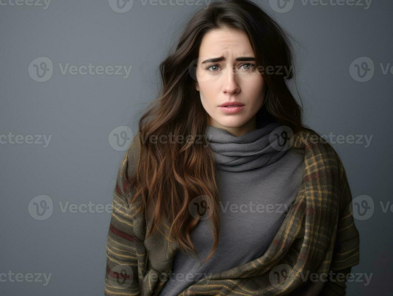 Woman appears to be in pain on grey background AI Generative photo