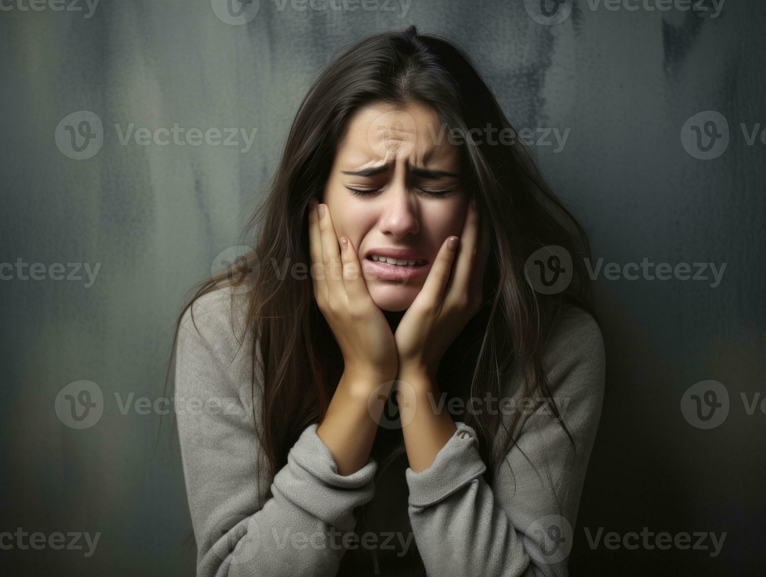 Woman Appears To Be In Pain On Grey Background AI Generative 31748447 woman-appears-to-be-in-pain-on-grey-background-ai-generative-31748447