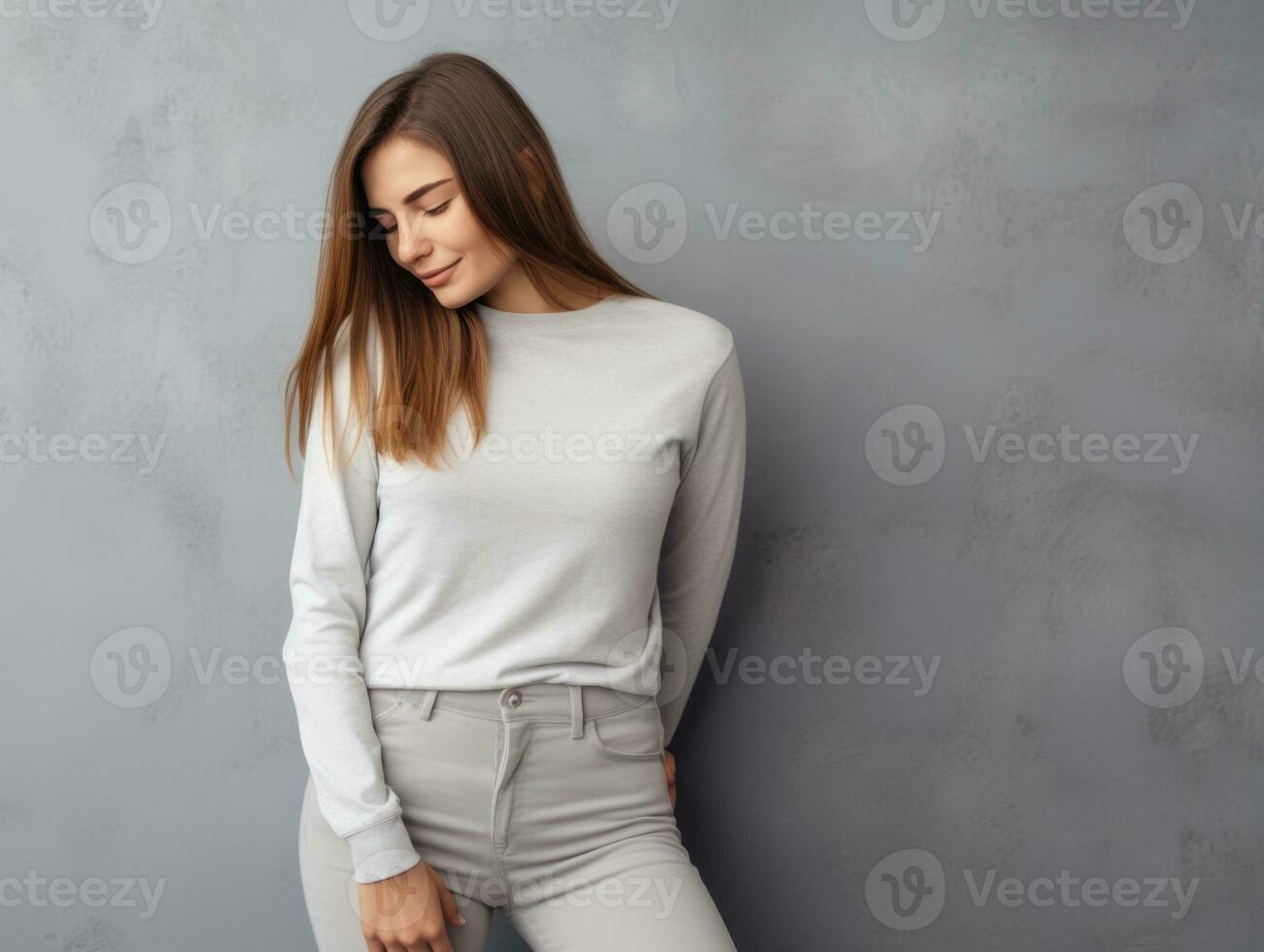 Woman appears to be in pain on grey background AI Generative photo
