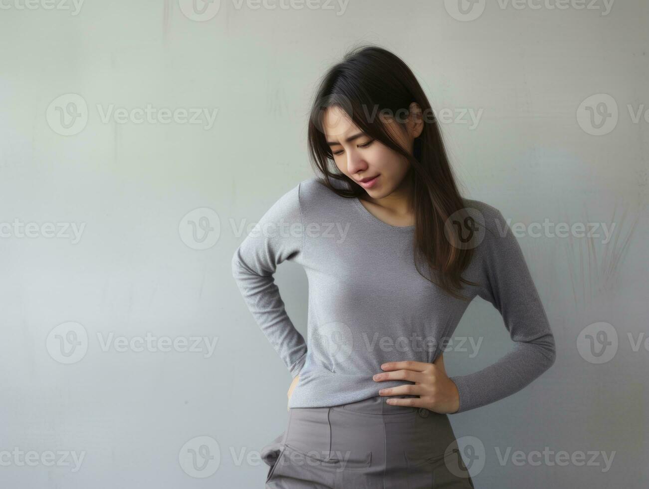 Woman appears to be in pain on grey background AI Generative photo