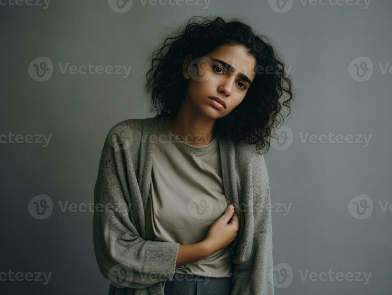 Woman appears to be in pain on grey background AI Generative photo