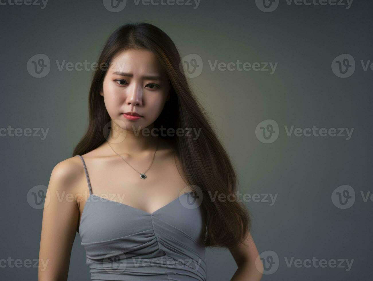 Woman appears to be in pain on grey background AI Generative photo