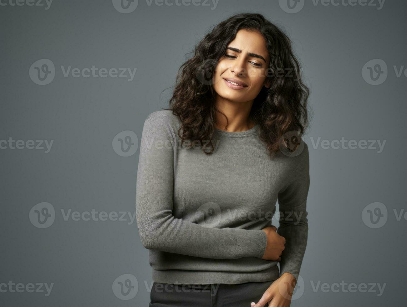 Woman appears to be in pain on grey background AI Generative photo