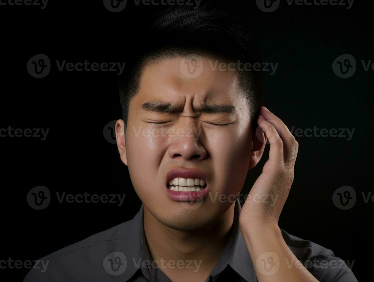 Asian man with pain on neutral background AI Generative photo