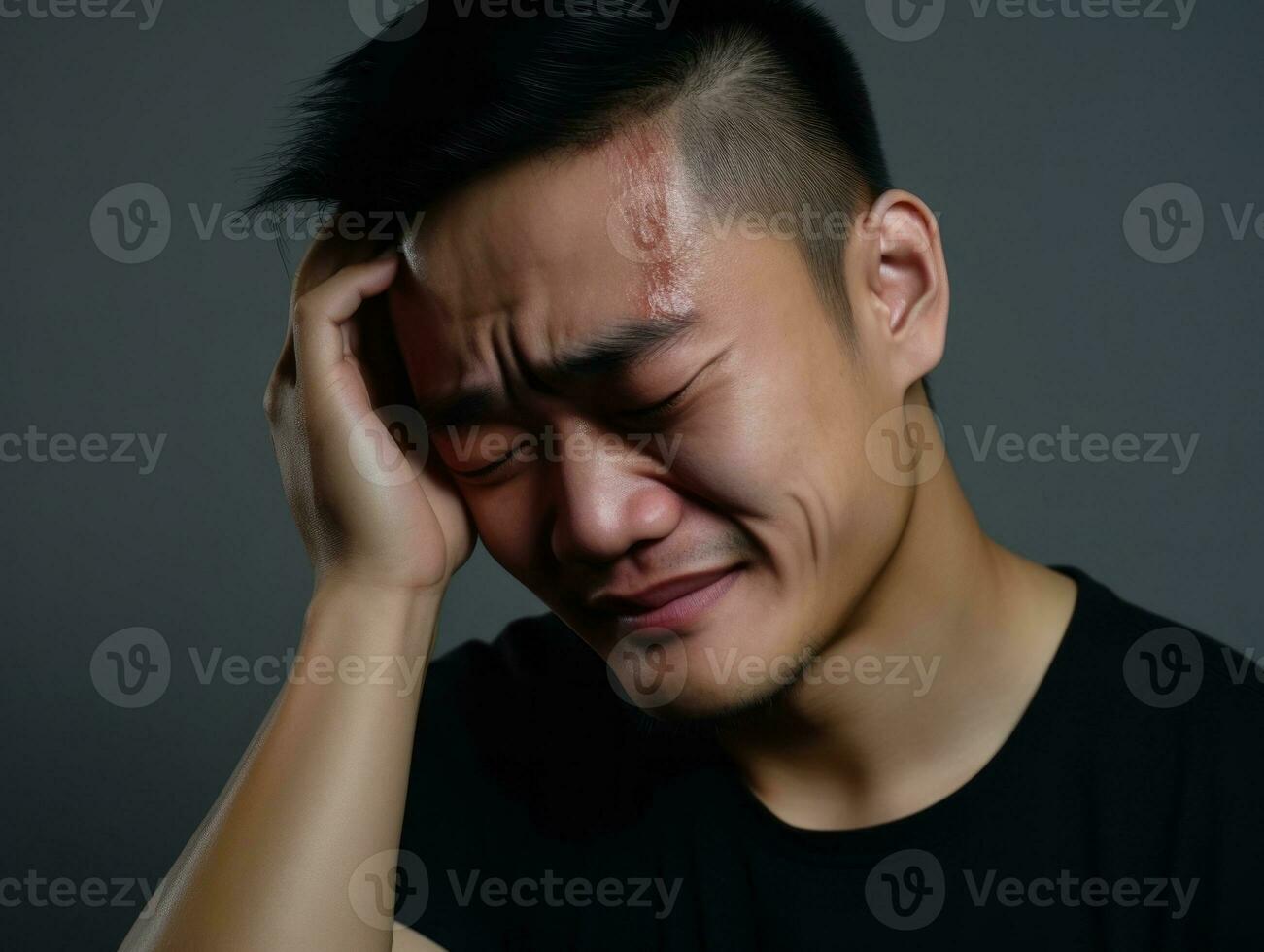 Asian man with pain on neutral background AI Generative photo