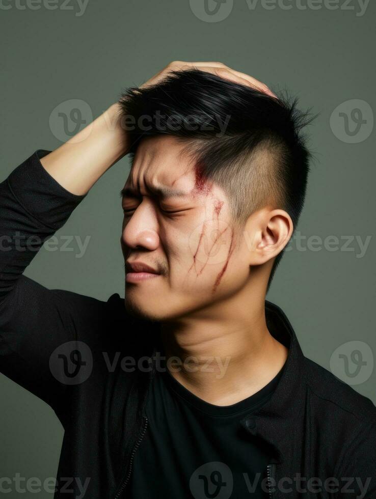 Asian man with pain on neutral background AI Generative photo