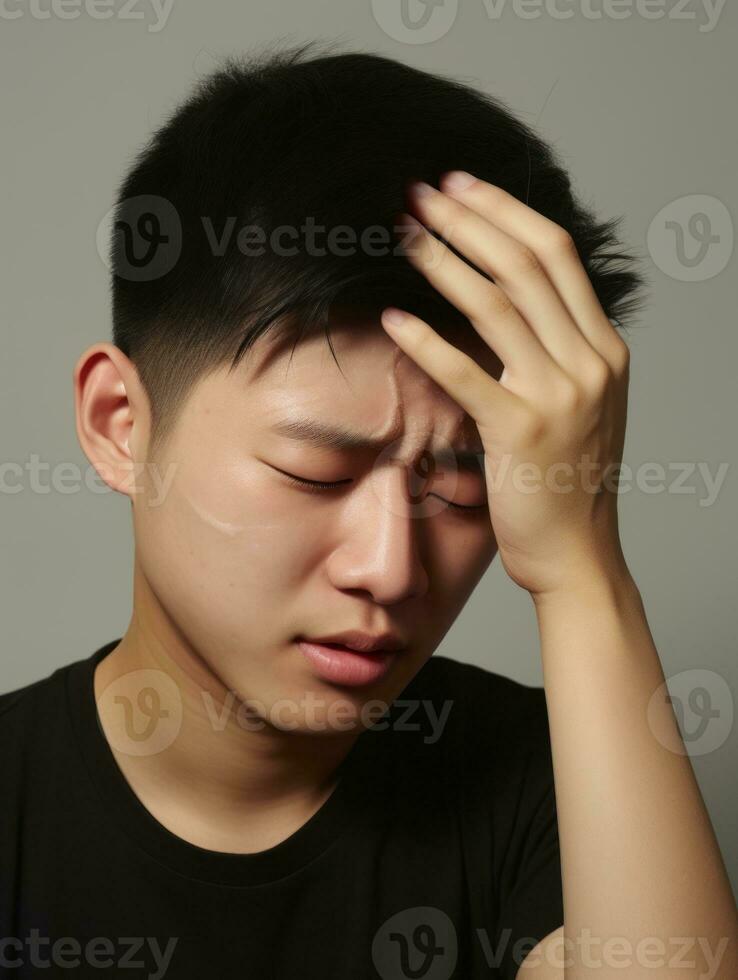 Asian man with pain on neutral background AI Generative photo