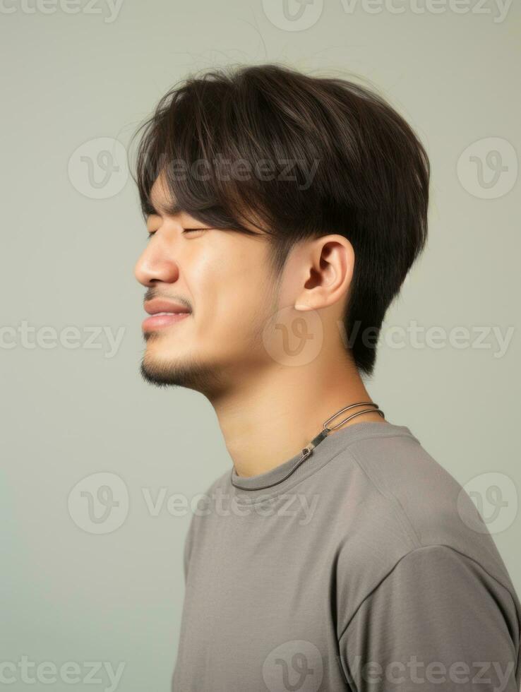 Asian man with pain on neutral background AI Generative photo