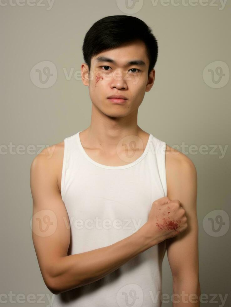 Asian man with pain on neutral background AI Generative photo