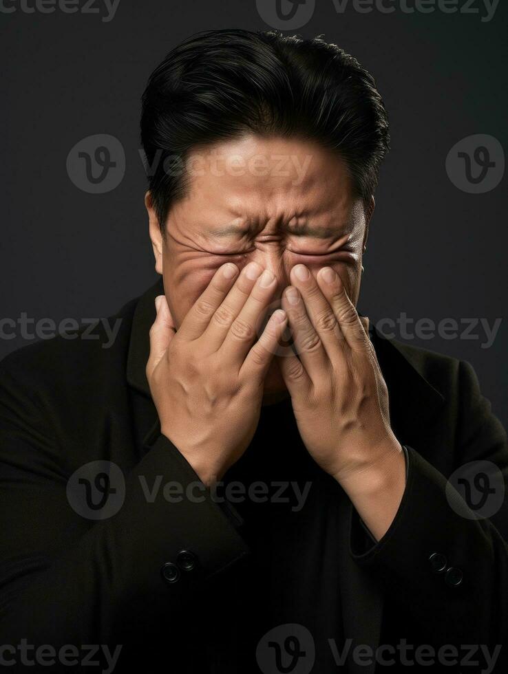 Asian man with pain on neutral background AI Generative photo