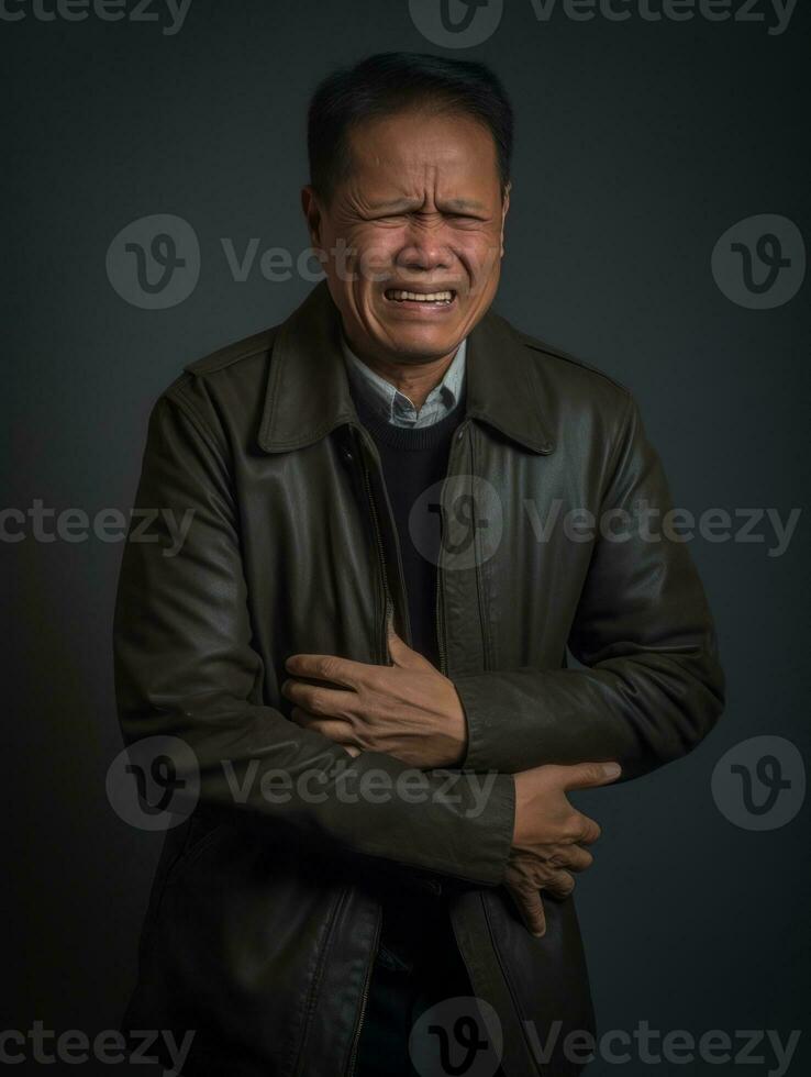 Asian man with pain on neutral background AI Generative photo
