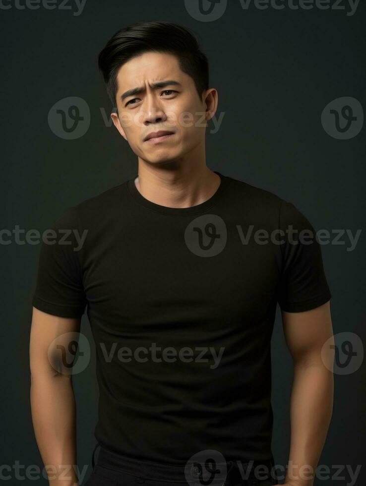 Asian man with pain on neutral background AI Generative photo